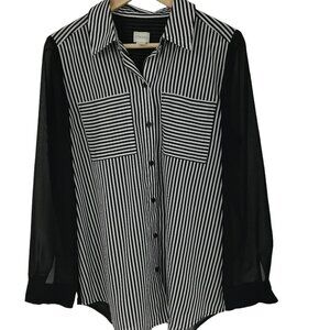 Chicos Sheer Striped Button Up Blouse Shirt Size 1 M Dark Acadamia Pleated Loose